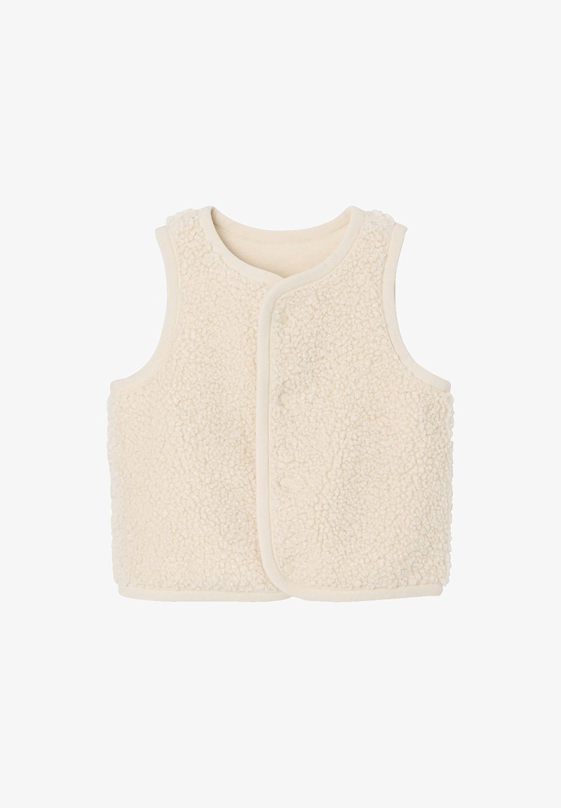 Fleece-Weste in Off-White mit strukturiertem Oberflächen, rundem Halsausschnitt und Druckknopfverschluss. Verfügt über ein ärmelloses Design und weiche Besätze.