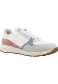 Zapatillas con detalles de cuero blanco, ante rosa claro, azul y verde menta. Punta redondeada, suela de goma texturizada y cordones planos.