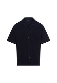 Marineblauwe overhemd met korte mouwen, knoopsluiting en een subtiele "BOSS"-logo geborduurd op de borst.