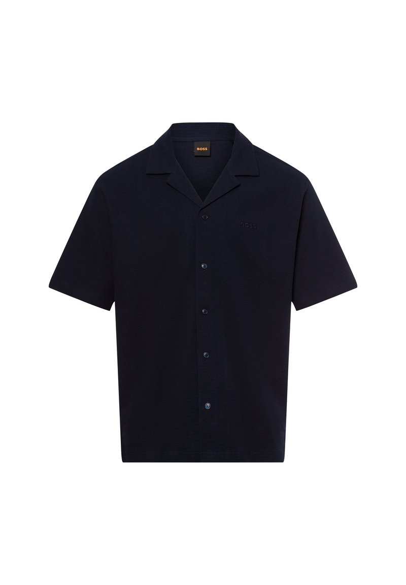 Marineblauwe overhemd met korte mouwen, knoopsluiting en een subtiele "BOSS"-logo geborduurd op de borst.