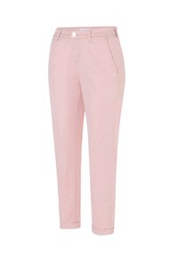 Pantalon slim rose clair avec poches avant, fermeture par bouton, passants de ceinture et ourlets retroussés.