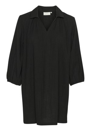 Vestido negro con escote en V, mangas abullonadas tres cuartos, tecido texturizado y longitud por encima de la rodilla, con un diseño de cuello.