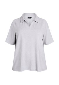 Šedé polo tričko s krátkým rukávem a klasickým límcem, ve tvaru písmene V, vyrobené z měkké, lehké látky, s volným střihem.