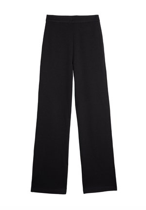 Black wide-leg pants made from a smooth fabric with an elastic waistband, featuring a clean, unadorned design and no visible pockets.