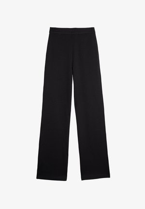 Pantaloni neri a gamba larga realizzati in un tessuto liscio con una cintura elastica, caratterizzati da un design pulito e privo di decorazioni, senza tasche visibili.