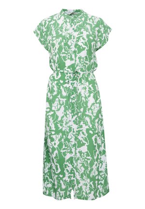 Abito verde e bianco con stampa, colletto, maniche corte e vita regolata da una cintura, realizzato in tessuto leggero.