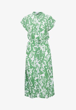 Zelena i bijela haljina s uzorkom, s ovratnikom, kratkim rukavima i pojasom u struku, izrađena od laganog materijala.