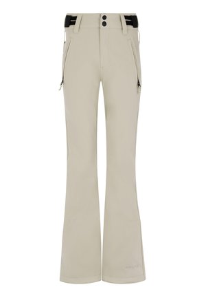 Pantalons de neige beige avec un design évasé, comportant deux poches latérales zippées, une ceinture noire et deux boutons de fermeture à la taille.