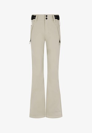 Béžové sněhové kalhoty s rozšířeným designem, které mají dvě postranní kapsy na zip, černý pas a dvě knoflíkové zapínání v pase.