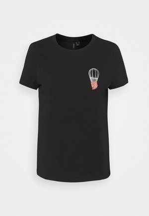 Black short-sleeve t-shirt made of cotton, featuring a small white and pink embroidered hot air balloon design on the left chest.