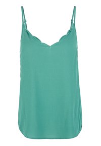 Tyrkysový top bez rukávů se zvlněným výstřihem, hladkou texturou a nastavitelnými ramínky. Jednoduchý design bez vzorů nebo akcentů.