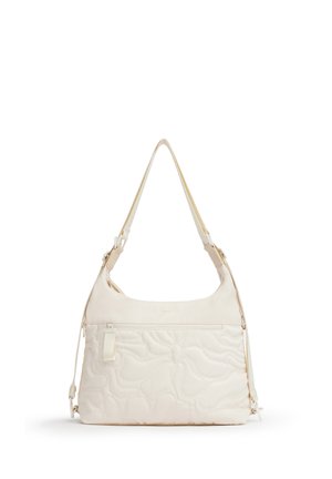 Borsa a tracolla trapuntata color crema con tracolla regolabile e tasca frontale con cerniera, progettata per uso casual.
