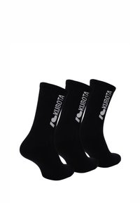 Czarne skarpetki bawełniane, z ryflowanym wzorem, z napisem "I ❤️ KUBOTA" w białym kolorze na każdej skarpetce. Zestaw trzech par. Średnia długość.