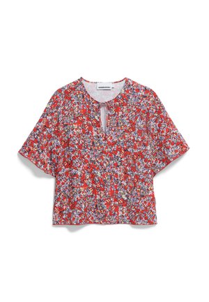 Rote Bluse mit kurzen Ärmeln, verfügt über einen Schlüssel-ausschnitt und ein leichtes Material mit verschiedenen kleinen, bunten Blumenmustern.