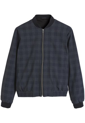 Marineblauw bomberjack met ritssluiting en subtiel grijs geruit patroon, geribde kraag, manchetten en tailleband, lange mouwen.