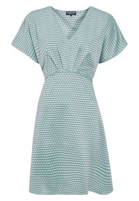 Vestido verde claro con escote en V y mangas cortas, con un patrón geométrico en verde oscuro y negro. Cintura elástica para un ajuste perfecto.