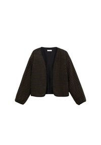 Texturerad omslagjacka i mörkbrunt med horisontella ränder. Har en V-ringad design och långa, något oversized ärmar.