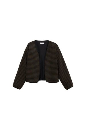 Jachetă texturată în nuanță de brown închis, cu dungi orizontale. Prezintă un decolteu în V și mâneci lungi, ușor supradimensionate.