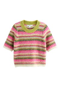 Rövid ujjú pulóver csíkos mintával, rózsaszín, zöld és fehér színekben. Puha anyagból készült, kerek, kontrasztos zöld nyakkivágással.