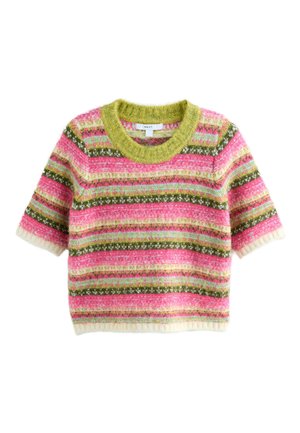 Suéter de manga corta con un patrón de rayas en rosa, verde y blanco. Hecho de un material suave con un escote redondo en contraste verde.