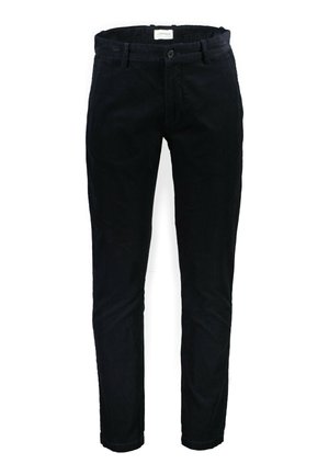 Donkerblauwe corduroy broek met een getailleerde pasvorm, voorzien van een knoopsluiting, riemlussen en een rechte pijp. Zachte textuur en een egale afwerking.
