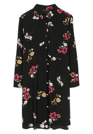 Sort langærmet kjole med knapper og krave, med blomstermønster i røde, gule, hvide og grønne farver spredt over stoffet.