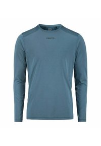 Langarmshirt aus teal Stoff, mit Rundhalsausschnitt, glatter Textur und verstärkten Schulterpanels. Logo in der Nähe des Kragens.