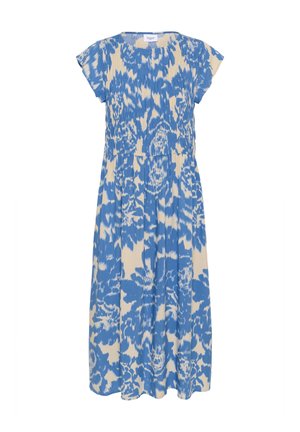Modrá a slonovinová kvetinová šaty s krátkymi rukávmi, zúženým pásom a splývavou sukňou, vyrobené z ľahkého materiálu.