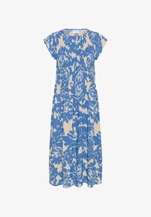 Kék és elefántcsont színű virágmintás ruha rövid, vállra omló ujjakkal, ráncolt derékkal és lágyan hullámzó szoknyával, mely könnyű anyagból készült.