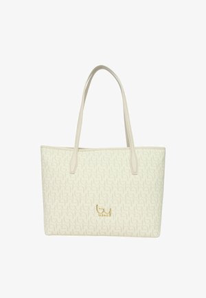 Borsa a tracolla color crema con motivo a logo ripetuto in modo sottile, emblema del marchio dorato al centro e doppi spallacci.