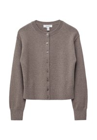 Brauner Strickcardigan mit rundem Ausschnitt, langen Ärmeln und einer vorderen Knopfleiste mit passenden Knöpfen. Weiche Textur, taillierte Passform.