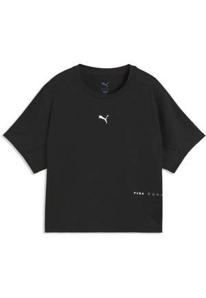 Czarny krótki rękaw koszulka do biegania Puma z białym logo Puma na piersi oraz tekstem "Puma Run" blisko dolnego brzegu z przodu.