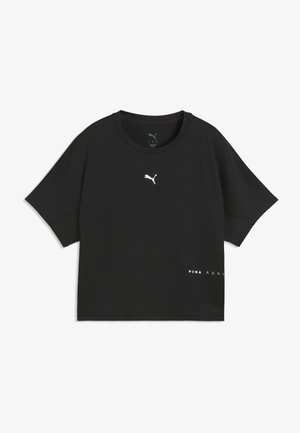 Czarny krótki rękaw koszulka do biegania Puma z białym logo Puma na piersi oraz tekstem "Puma Run" blisko dolnego brzegu z przodu.