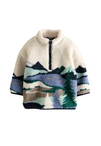 Creme fleece pullover med halv lynlås, med et tekstureret mønster af bjerg- og trælandskab i grønne, blå og brune nuancer.