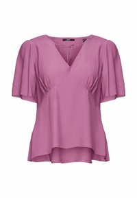 Blusa rosa con scollo a V, maniche corte a palloncino e lati arricciati. Realizzata in tessuto leggero, ha una vestibilità comoda e un orlo curvo.