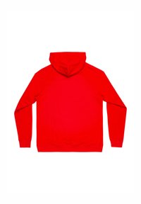 Red hooded sweatshirt with long sleeves, featuring a smooth texture and a kangaroo pocket. Simple design, no visible logos or patterns.
