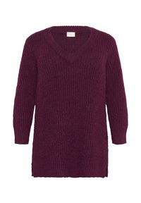 Maglione in maglia bordeaux con scollo a V, maniche lunghe, spacchi laterali e un motivo a coste testurizzato. L'etichetta dice "KAFFE."