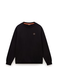 Sort sweatshirt med lange ærmer, rund halsudskæring og ribbede manchetter. Har et lille logo i orange og gul på brystet.