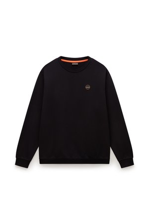 Zwarte sweatshirt met lange mouwen, ronde halslijn en geribbelde manchetten. Bevat een klein logo in oranje en geel op de borst.