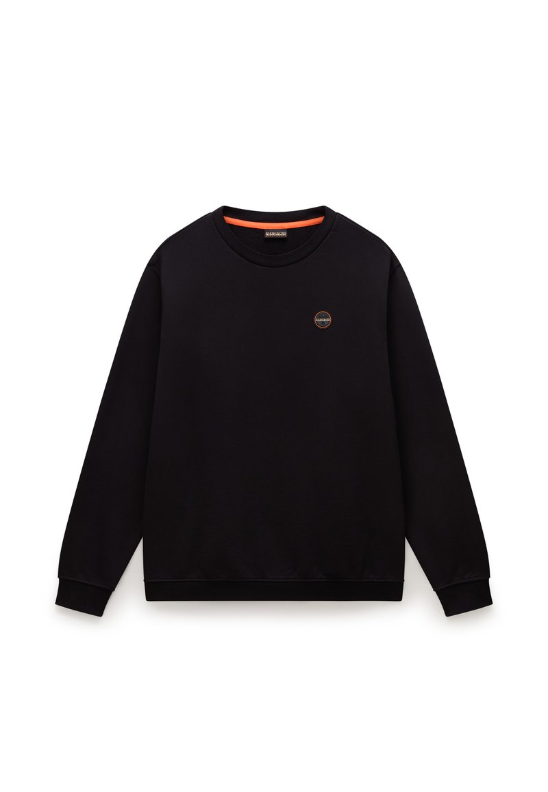 Sort sweatshirt med lange ærmer, rund halsudskæring og ribbede manchetter. Har et lille logo i orange og gul på brystet.