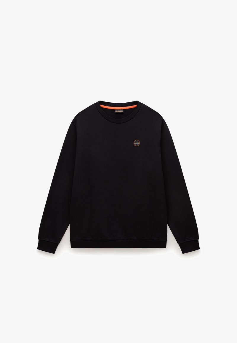 Sweatshirt preto com mangas longas, decote redondo e punhos canelados. Apresenta um pequeno logótipo em laranja e amarelo no peito.