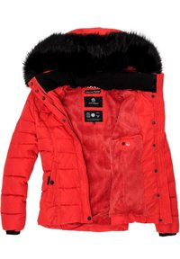 Rød, quiltet pufferjakke med en faux fur hætte og blød, tekstureret inderside. Har trykknaplukninger og en inderlomme.