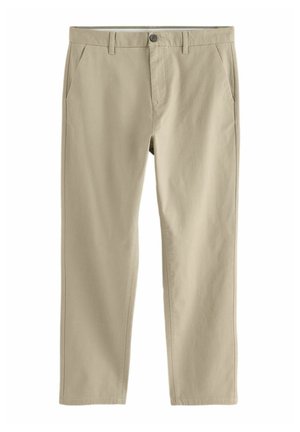 Pantalon beige à jambes droites avec passants pour ceinture, deux poches latérales, une fermeture à bouton et zip à l'avant.