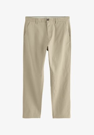 Pantalon beige à jambes droites avec passants pour ceinture, deux poches latérales, une fermeture à bouton et zip à l'avant.