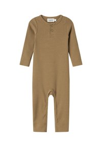 Brun randig bodysuit med långa ärmar, som har en rund hals och två knappar framtill. Inkluderar tryckknappar i botten för enkel påklädning.