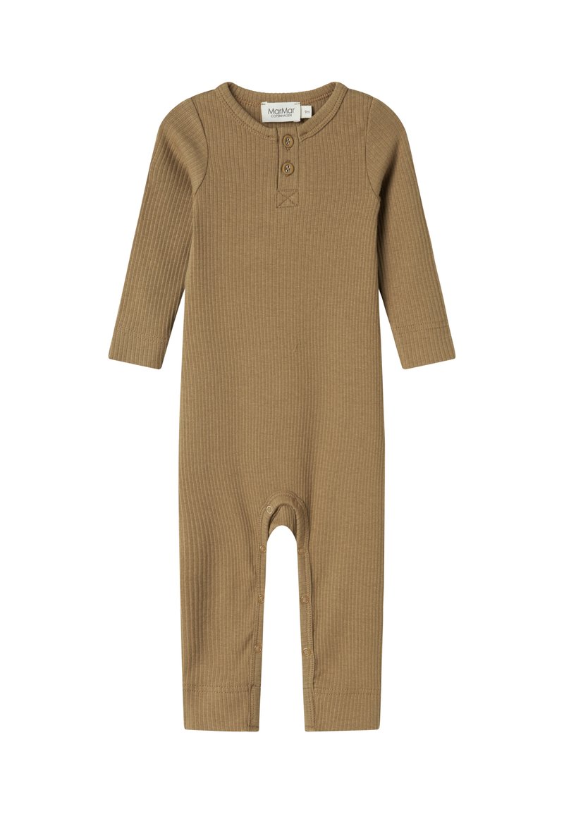 Brun randig bodysuit med långa ärmar, som har en rund hals och två knappar framtill. Inkluderar tryckknappar i botten för enkel påklädning.