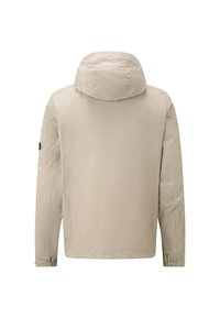 Beige lightweight jacket with a hood, elastic cuffs, and a smooth texture. Features a side pocket with a circular hardware accent.