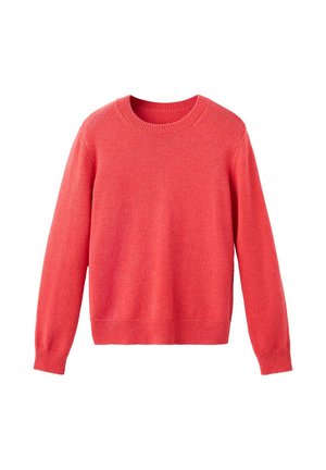 Pull rose corail à manches longues avec col rond, poignets, col et ourlet côtelés, présenté sur fond blanc.