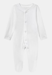 Mono de bebé de algodón blanco con mangas largas, que presenta un escote en V y botones a presión en la parte delantera y en la entrepierna para facilitar el vestido.