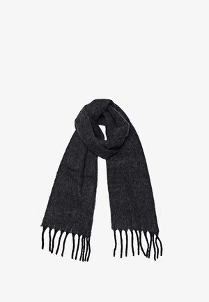 Mørkegrå tørklæde lavet af blødt materiale, med et enkelt design og frynsetender for ekstra tekstur. Klassisk rektangulær form.